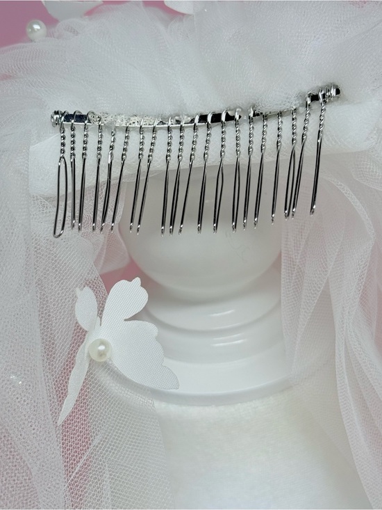 Bridal Tulle Butterfly Appliqué Veil with Pearl and Crystal Accents - White main image 6